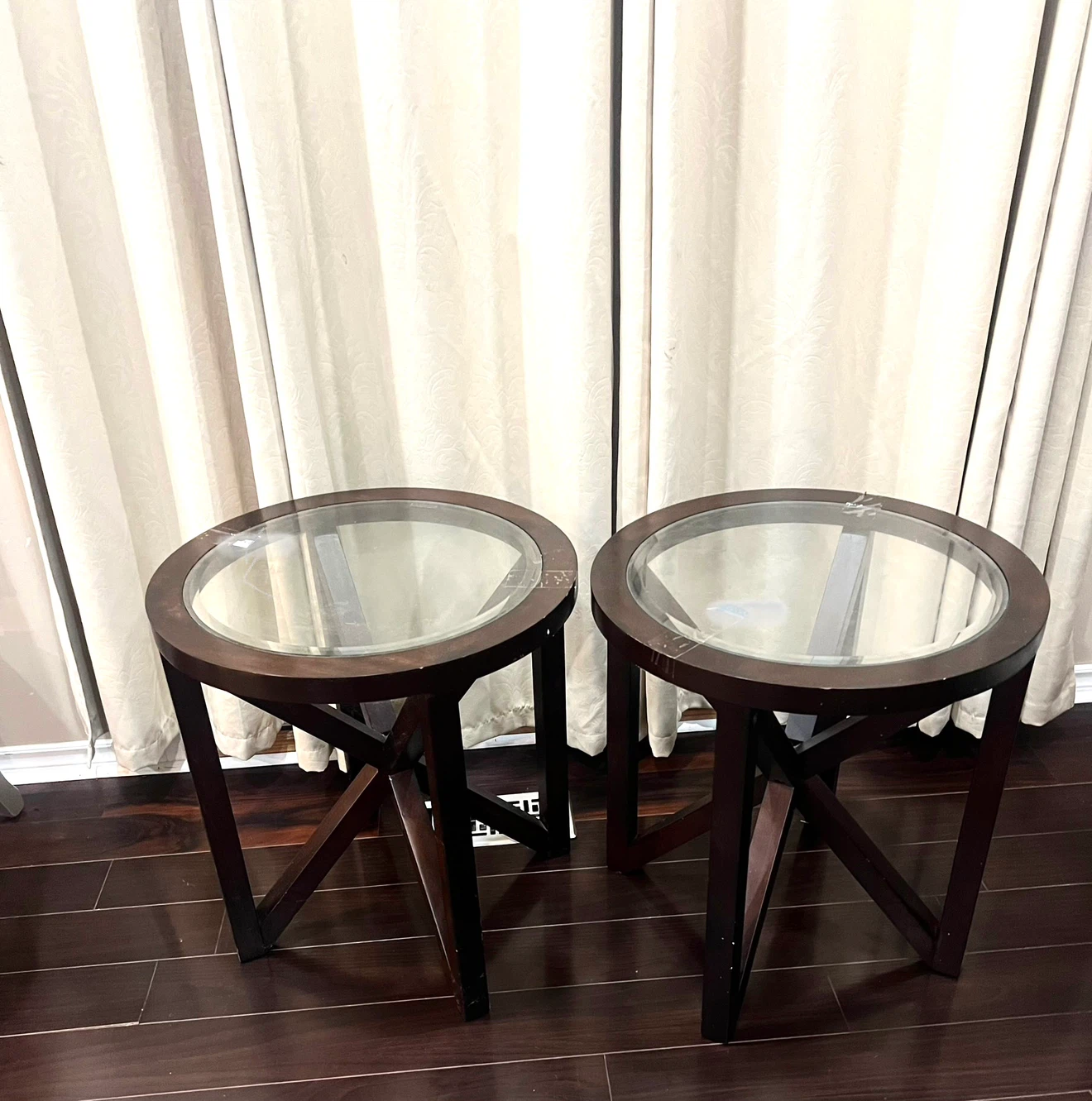 Set of Two Round Wooden Side Tables