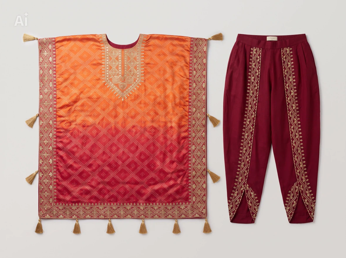 Orange and Red Embroidered kaftan Salwar Kameez - photo 3