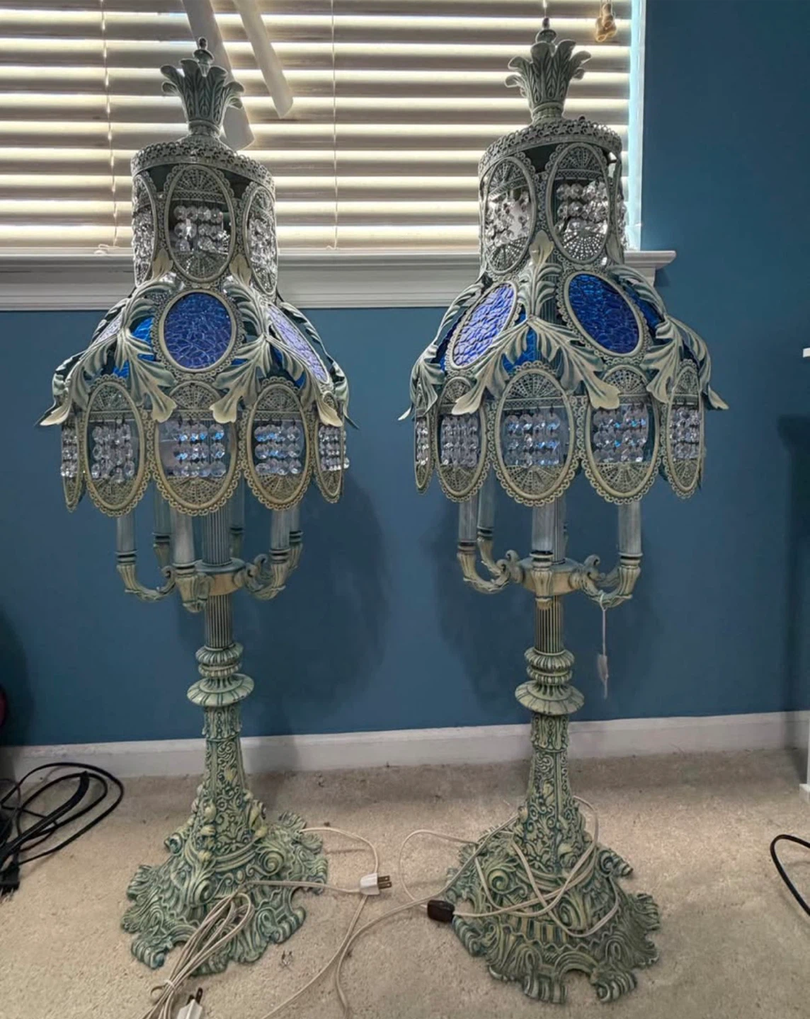 Hollywood Regency style ornate metal and slag glass lamps