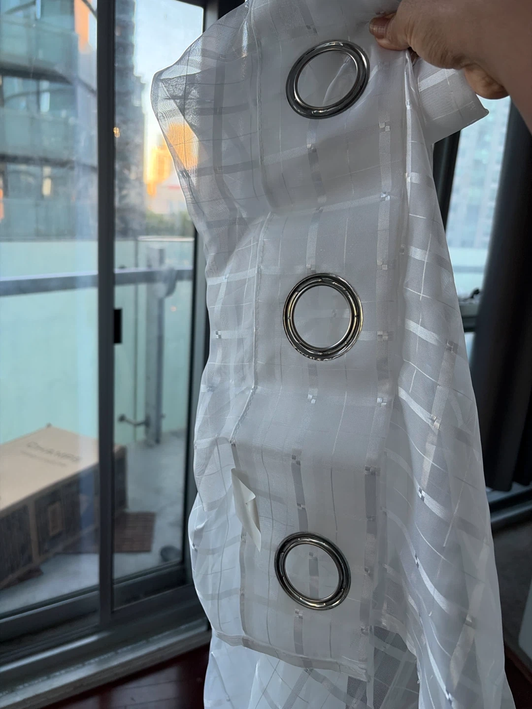 Long White Sheer Plaid Grommet Curtains