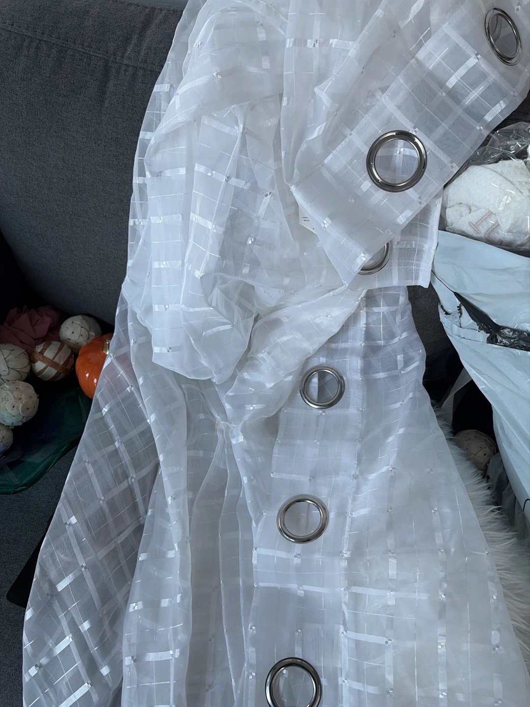 Long White Sheer Plaid Grommet Curtains - photo 2
