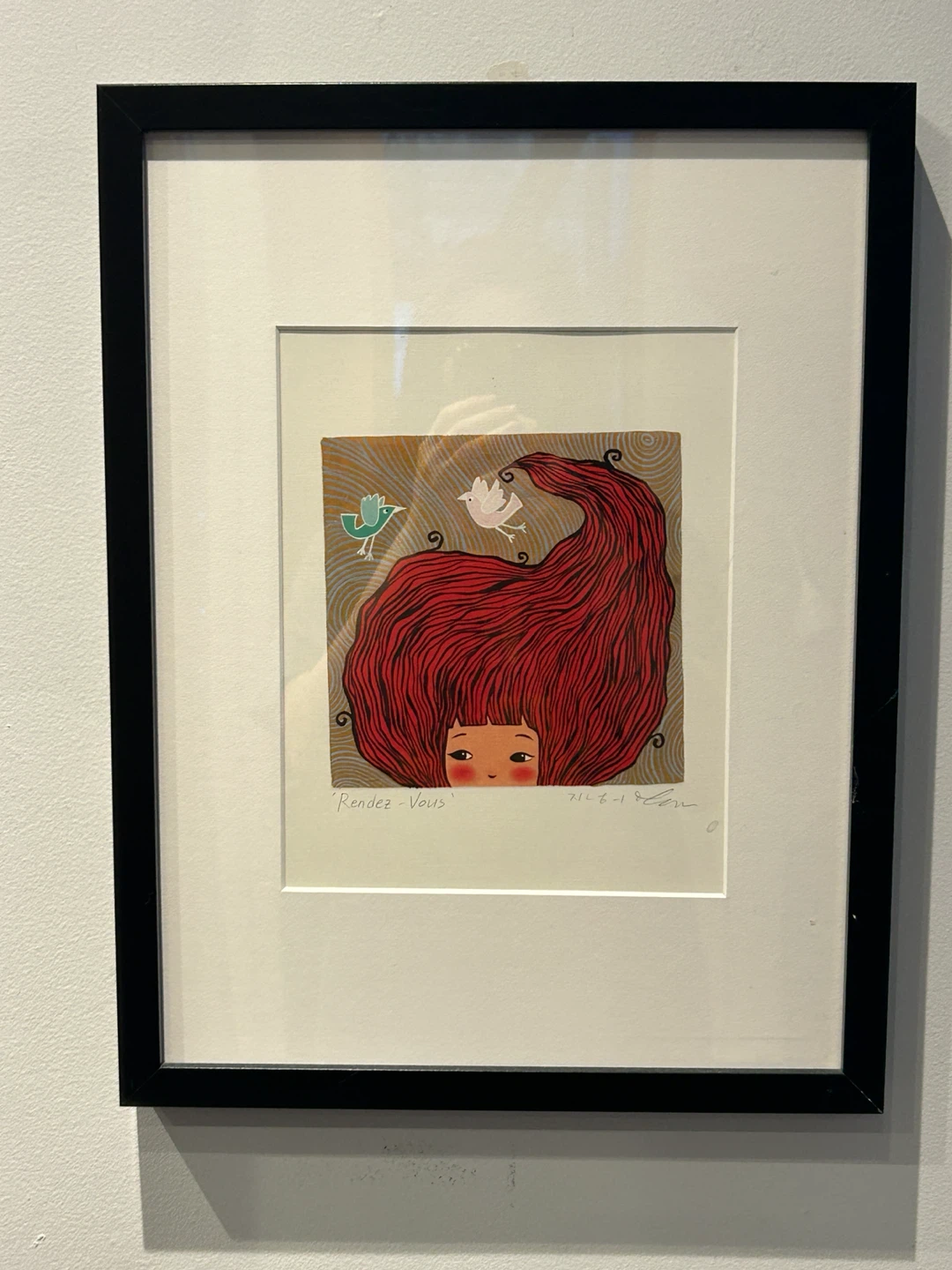 Framed print Rendez-Vous a girl with red hair and birds