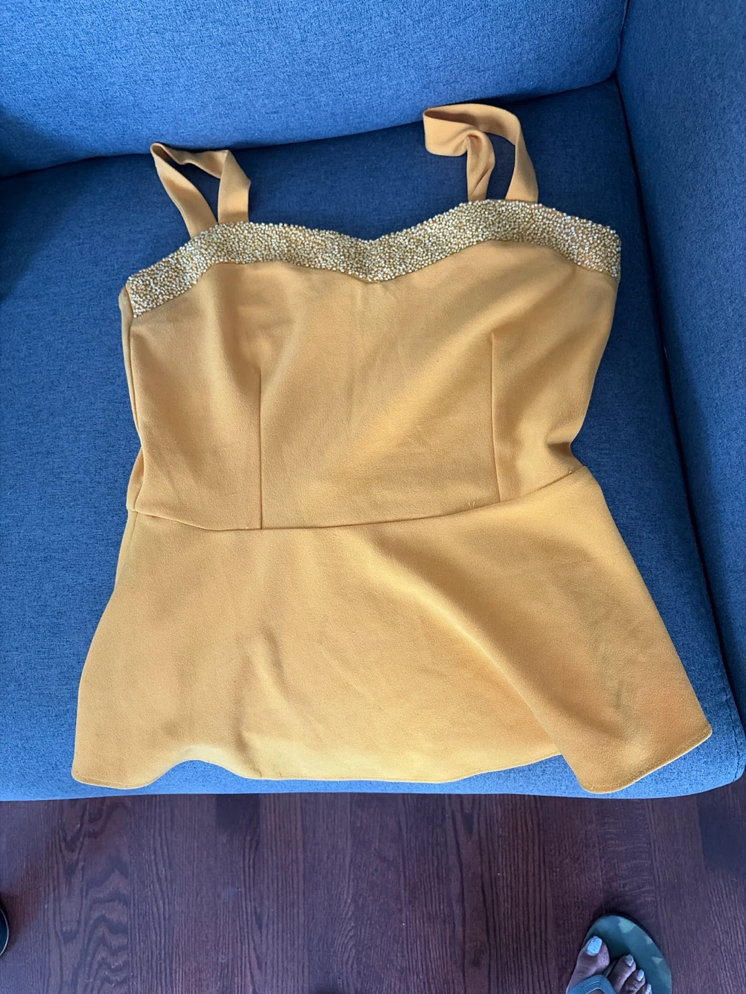 Mustard Yellow Peplum Top with Beaded Trim