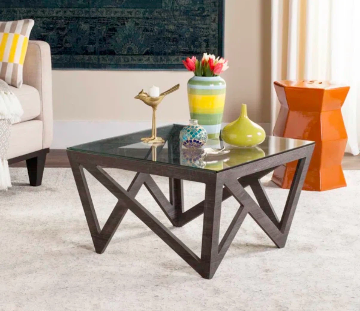 LIKE NEW Modern Geometric Glass Top coffee Table
