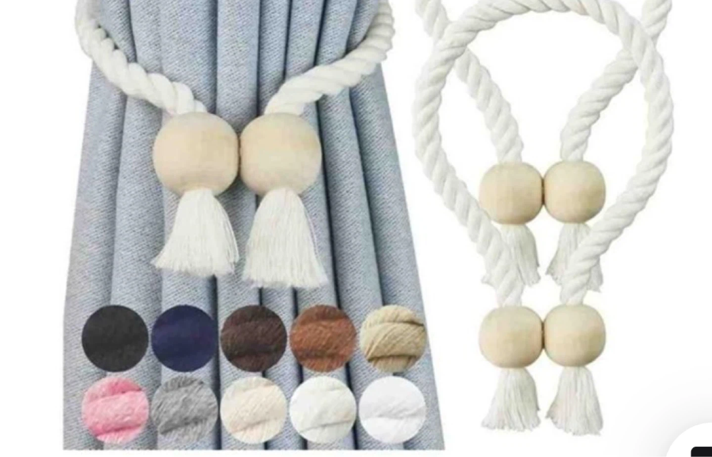 White Rope Curtain Tiebacks with Wooden Beads