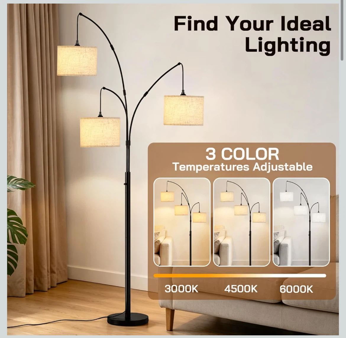 3-Light Arched Floor Lamp with Adjustable Colour Temperature