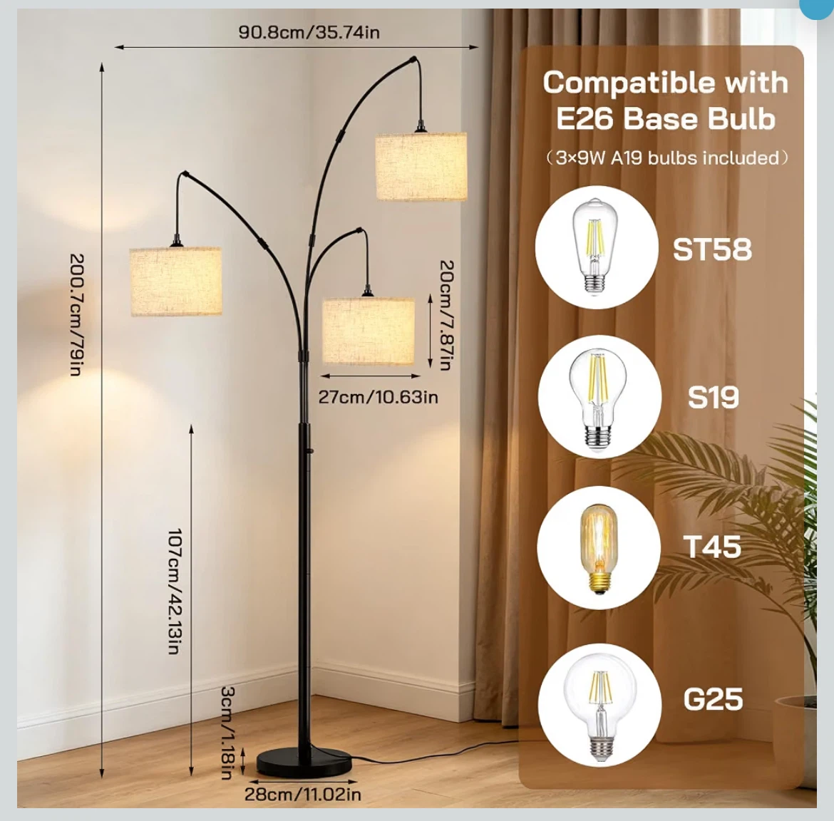 3-Light Arched Floor Lamp with Adjustable Colour Temperature - photo 2