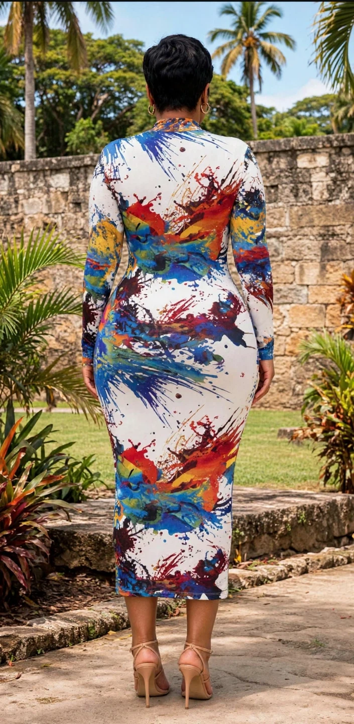 Multicolor Abstract Print Bodycon Midi Dress Crew Neck Long Slee - photo 2