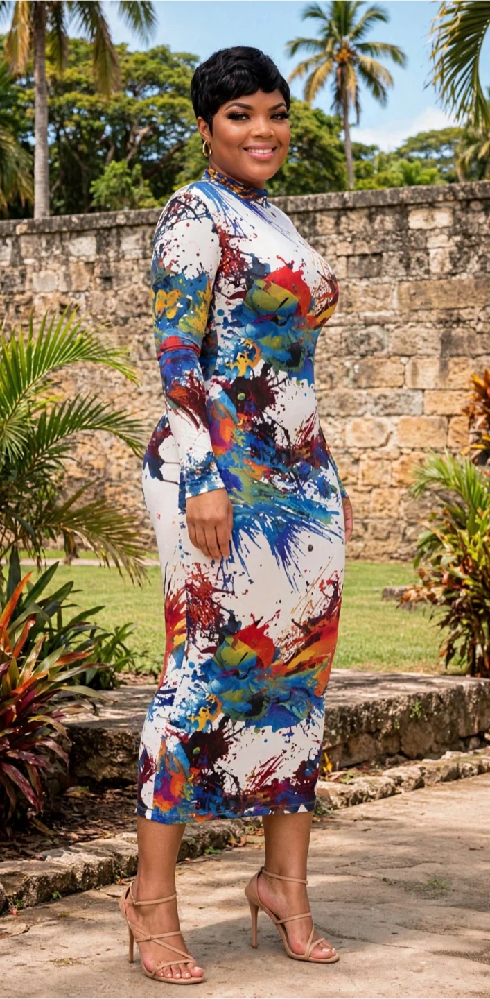 Multicolor Abstract Print Bodycon Midi Dress Crew Neck Long Slee - photo 3