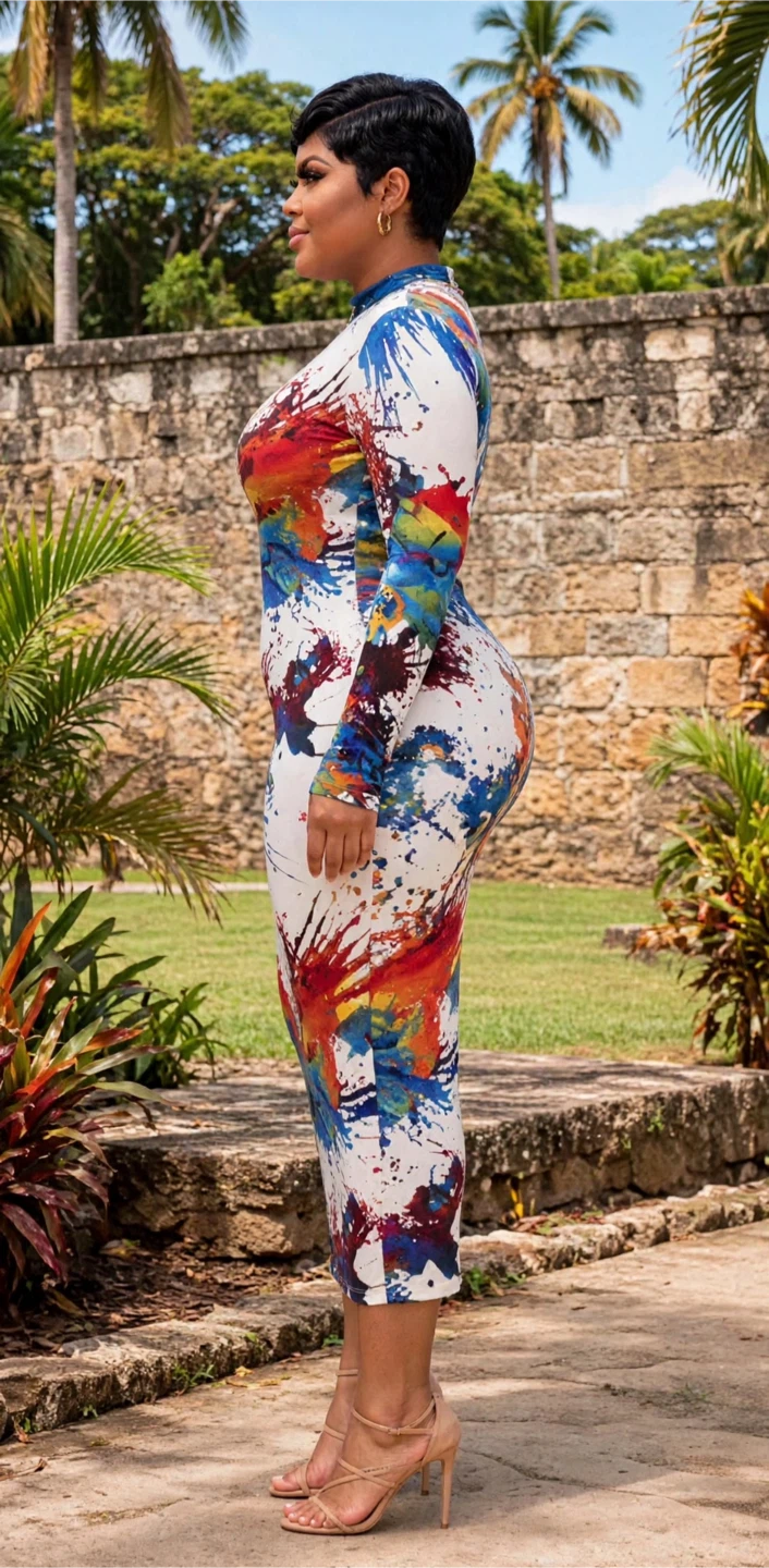 Multicolor Abstract Print Bodycon Midi Dress Crew Neck Long Slee - photo 4