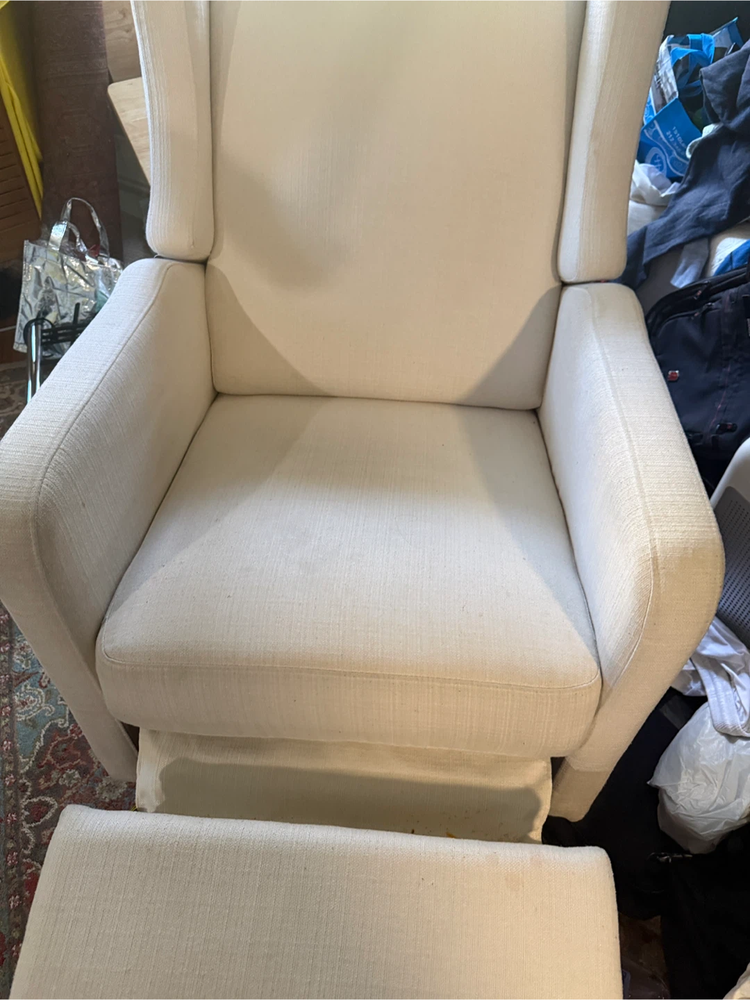 Cream Upholstered Recliner , swinging Chair , well made