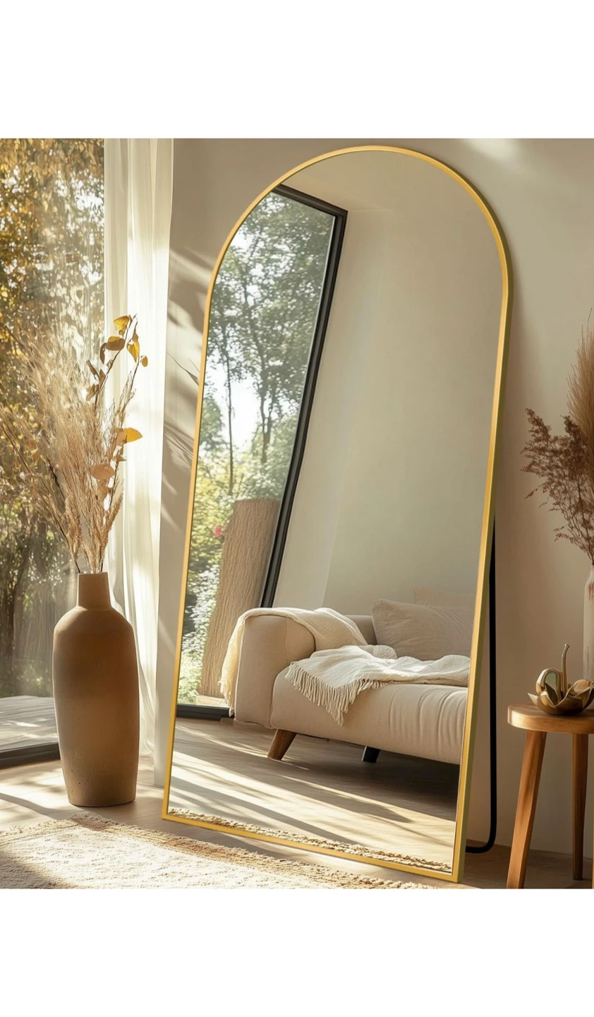 Arched Floor Mirror with Gold Trim