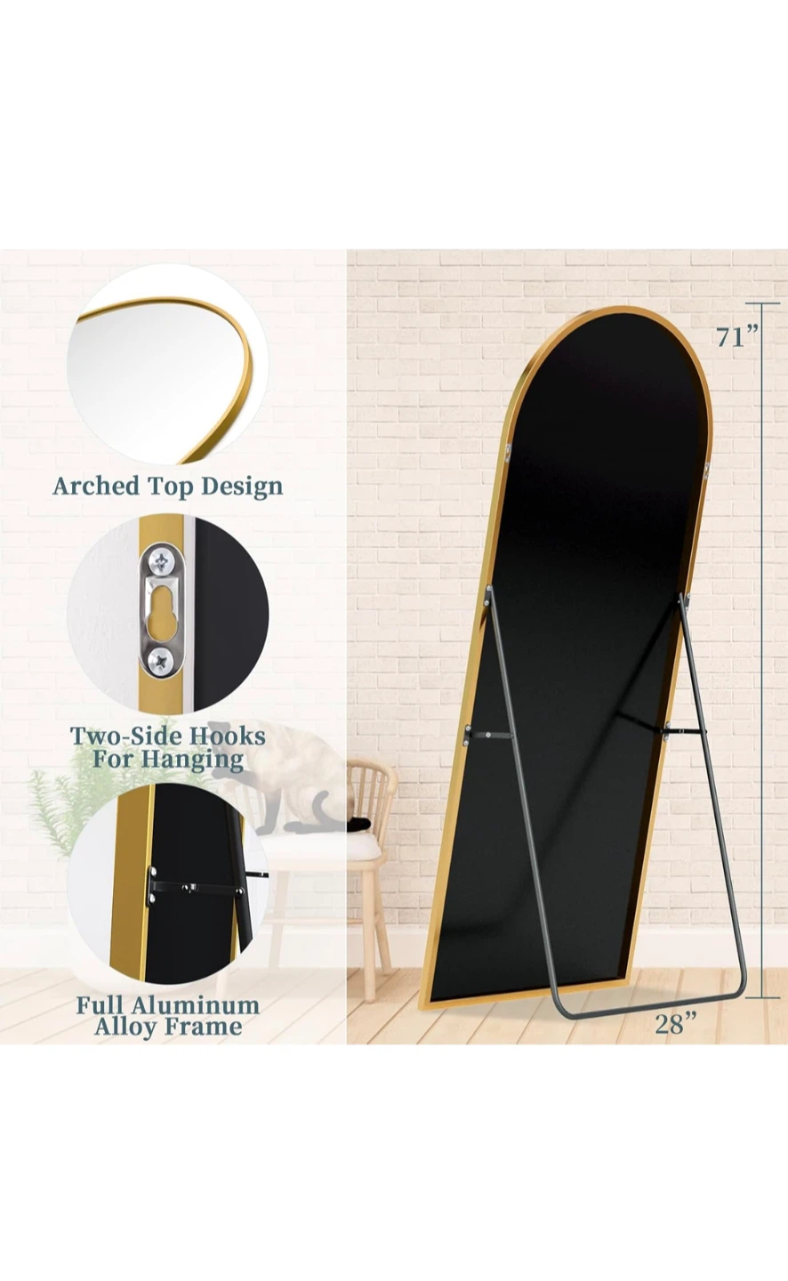 Arched Floor Mirror with Gold Trim - photo 2