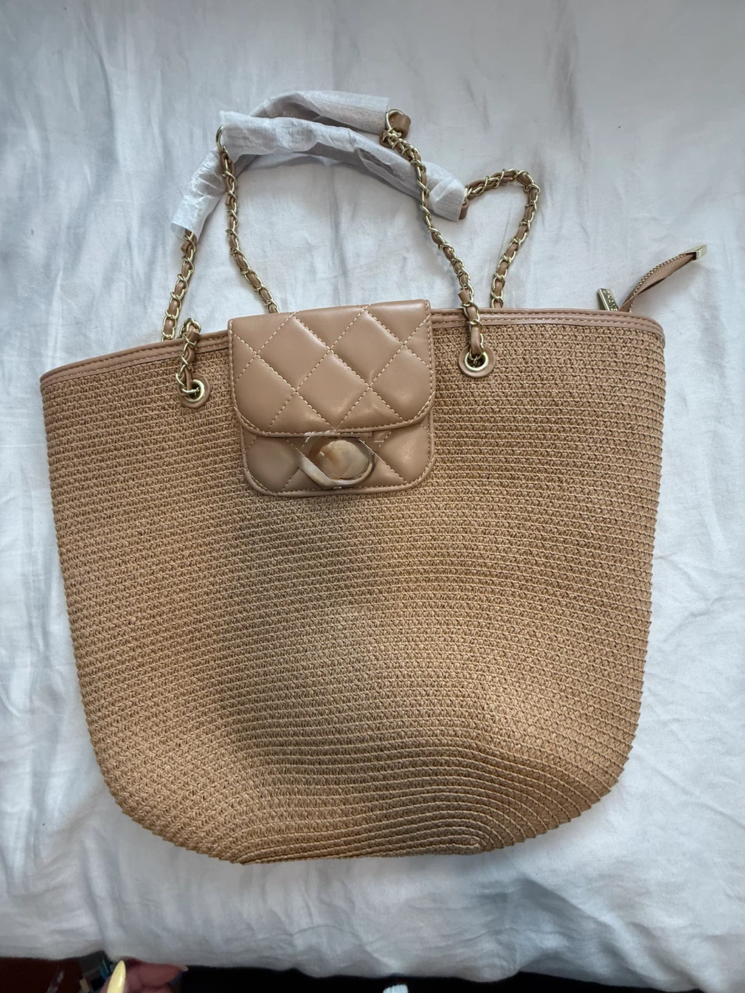 Beige Straw Chain Tote Bag