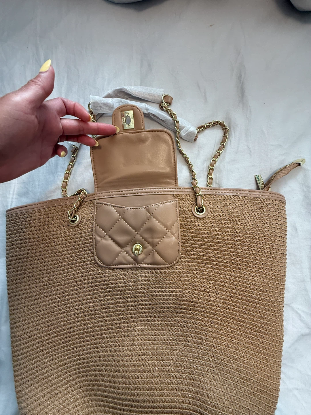 Beige Straw Chain Tote Bag - photo 2