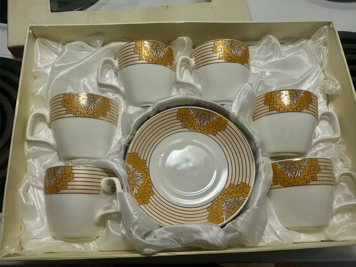 Set of 6 Gold Patterned Coffee Cups and Saucers