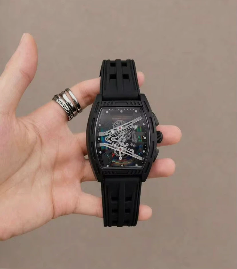 Black Skeleton Style Tonneau Watch