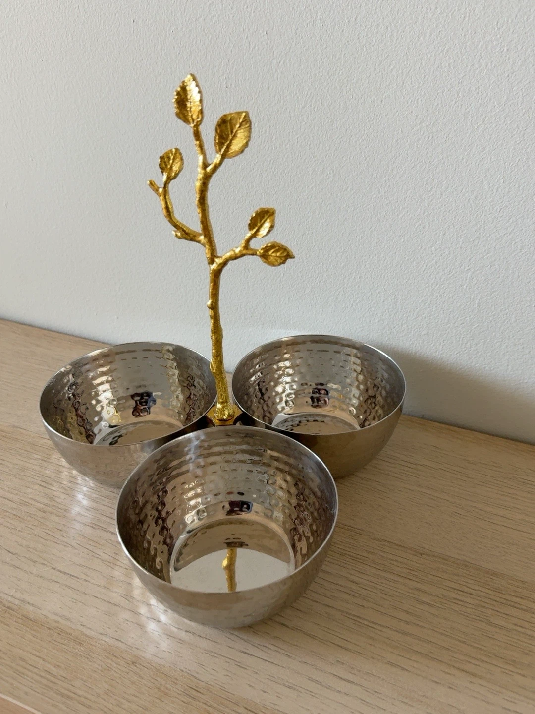 Hammered Metal 3-Section Serving Bowl with Gold Leaf Accent