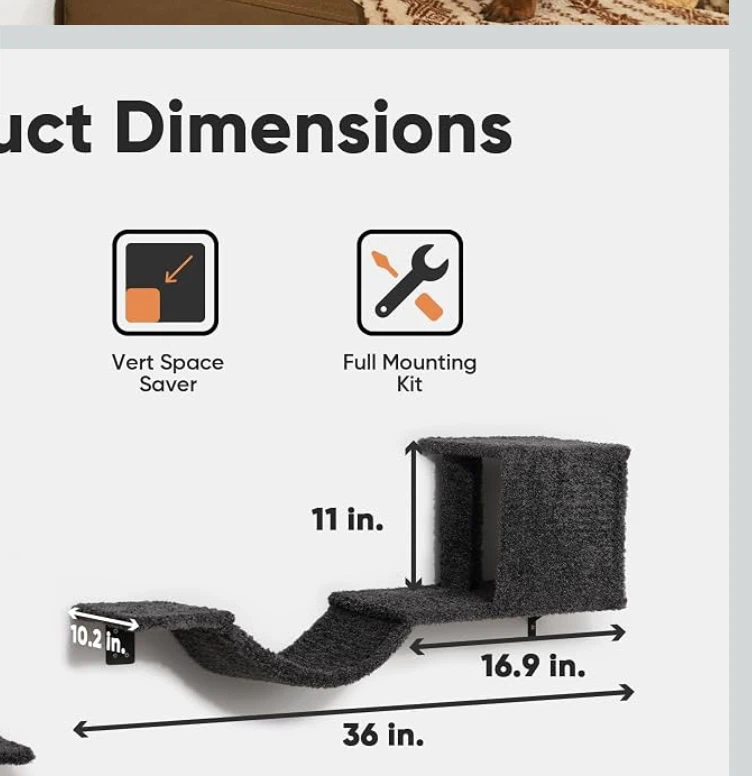 Wall-mounted carpeted cat shelf and bridge - photo 2