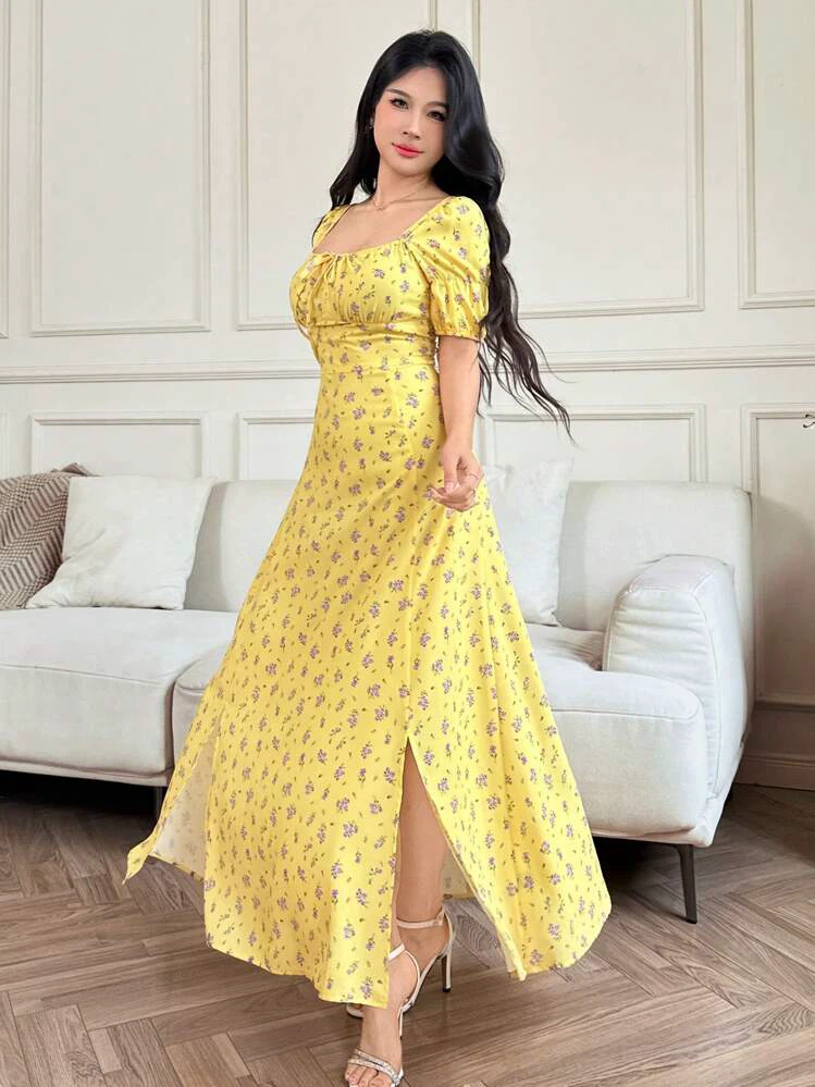 Yellow Floral Print Long Dress - photo 4