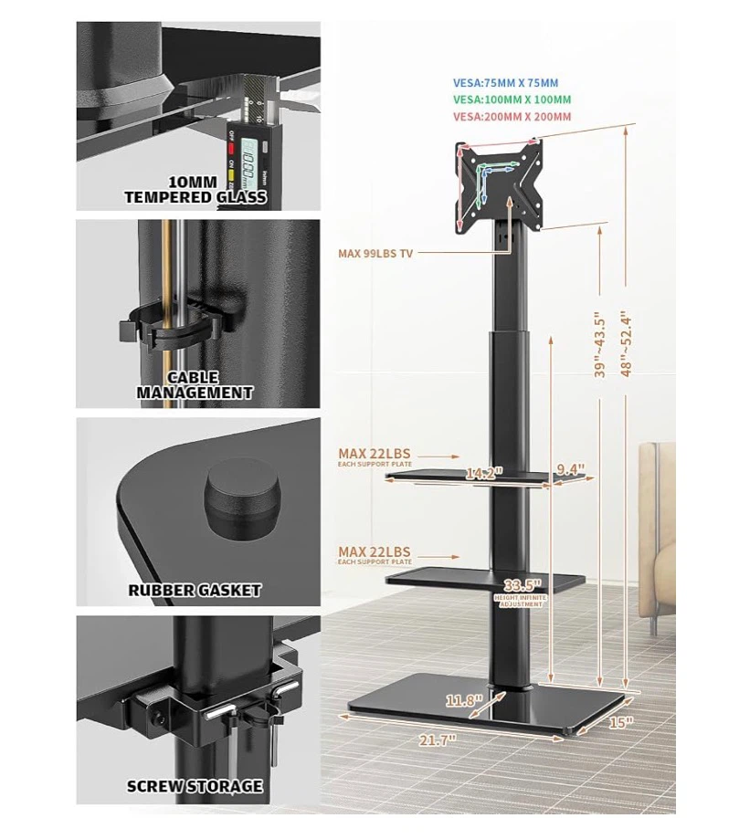 Adjustable TV Stand with Tempered Glass Shelves - photo 3