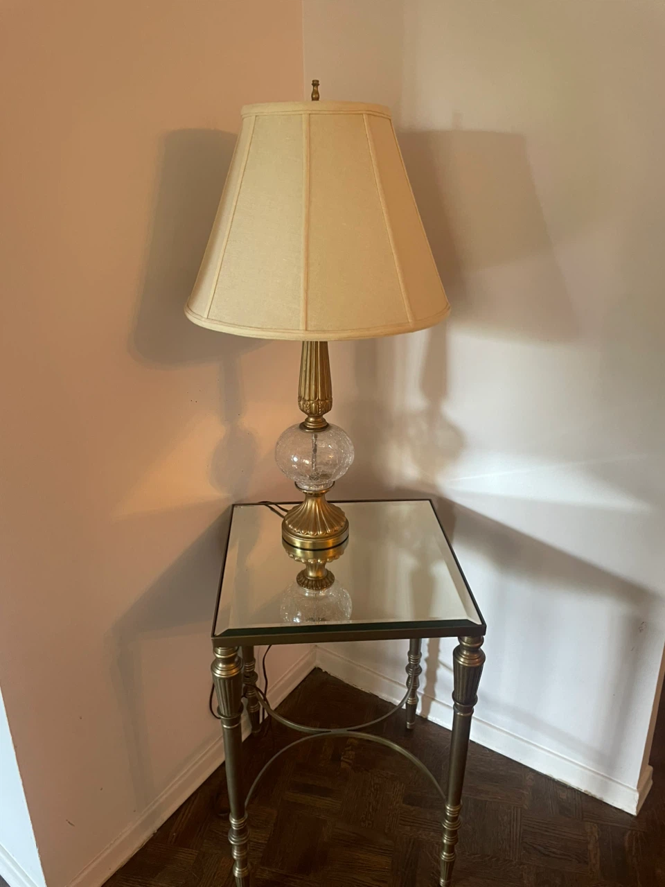 Moving Sale - Vintage crackle glass and brass table lamp