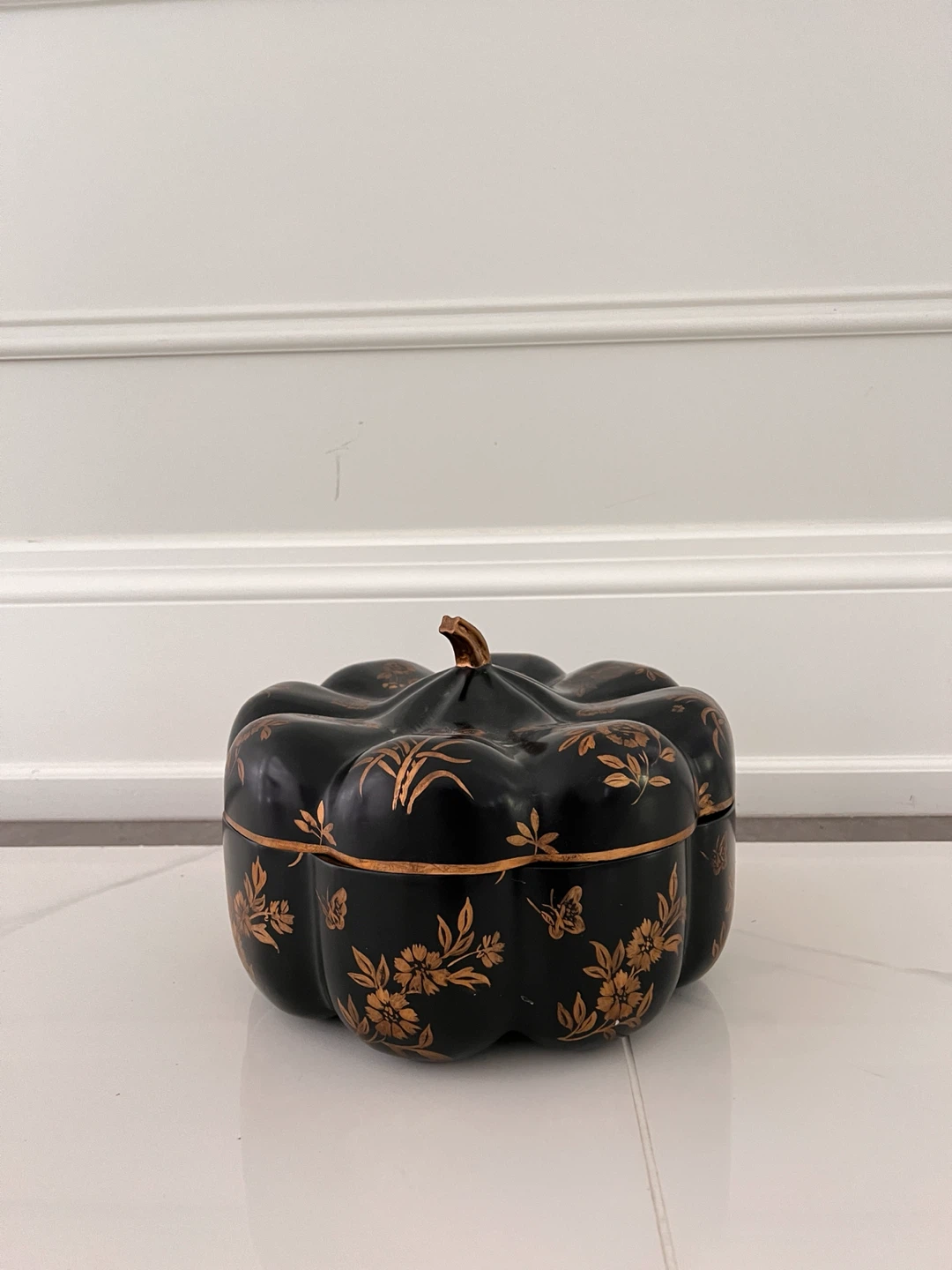 Decorative Black and Gold Floral Footed Trinket Box