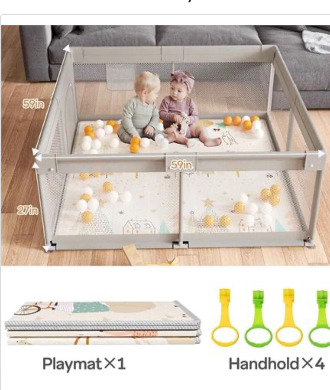 Flying Fish Baby Playpen 59x59 with Mat and pull ring