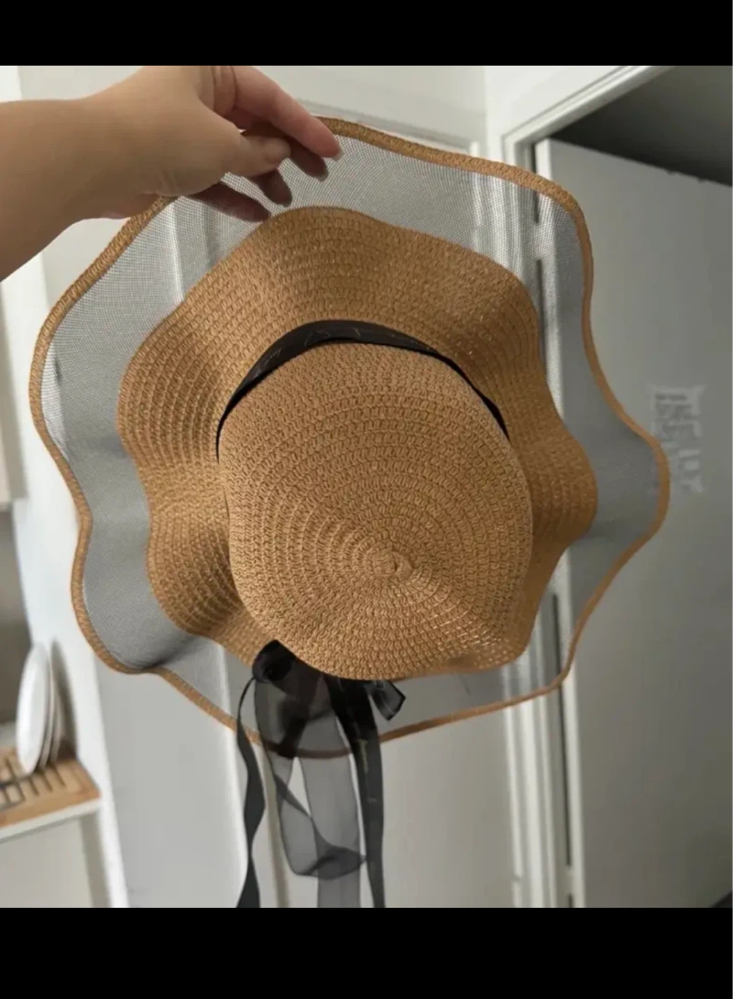 Straw Sun Hat with Black Mesh Trim 🏈