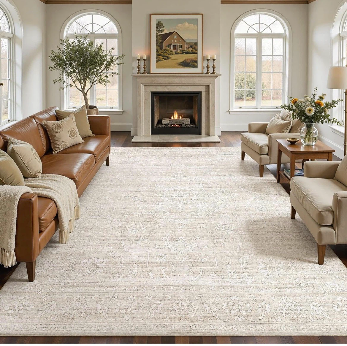 Beige White Area Rug 8' x 10'
