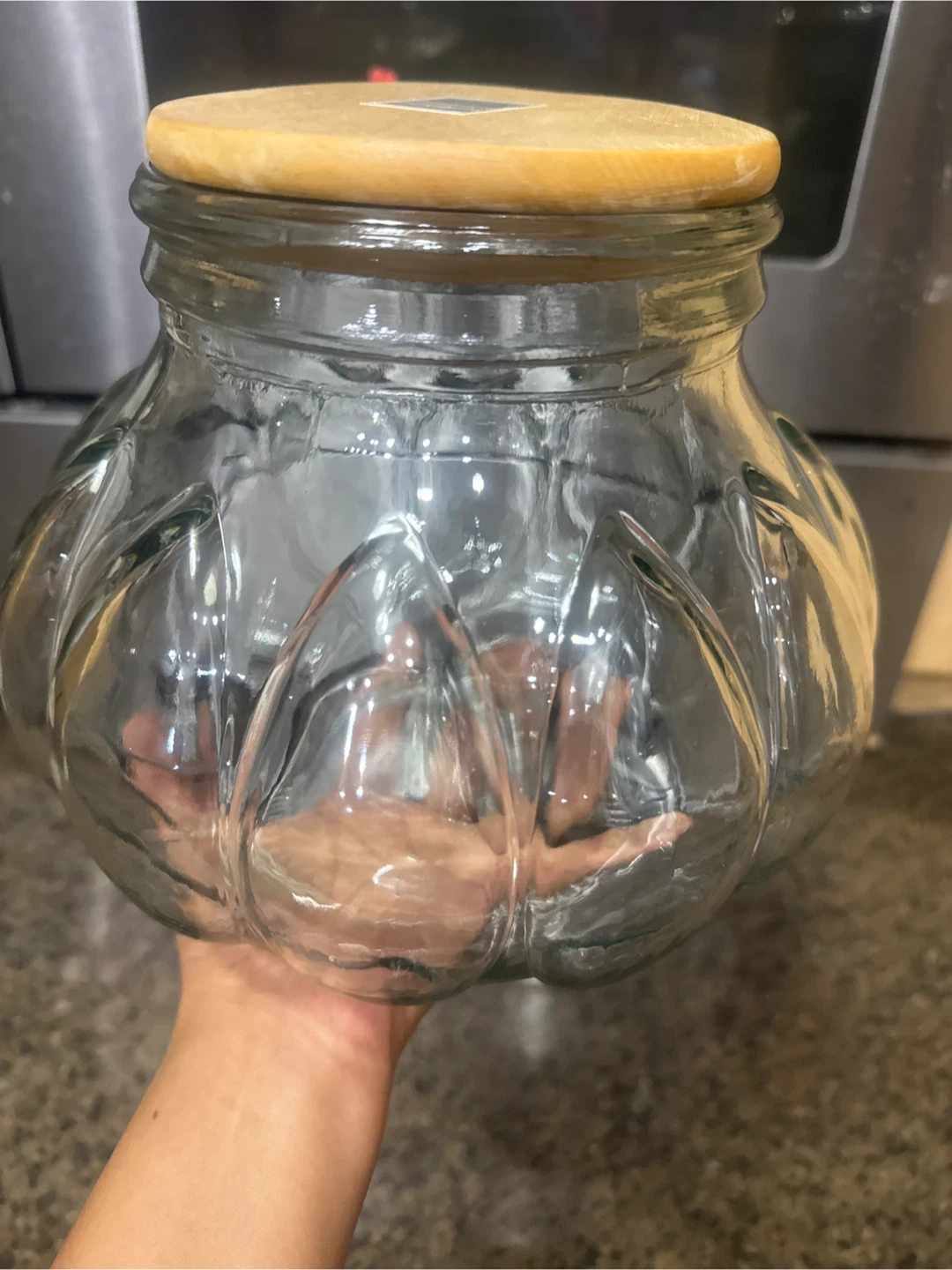 Clear Glass Pumpkin Shape Apothecary Jar with Wood Lid 8" 🏈 - photo 2
