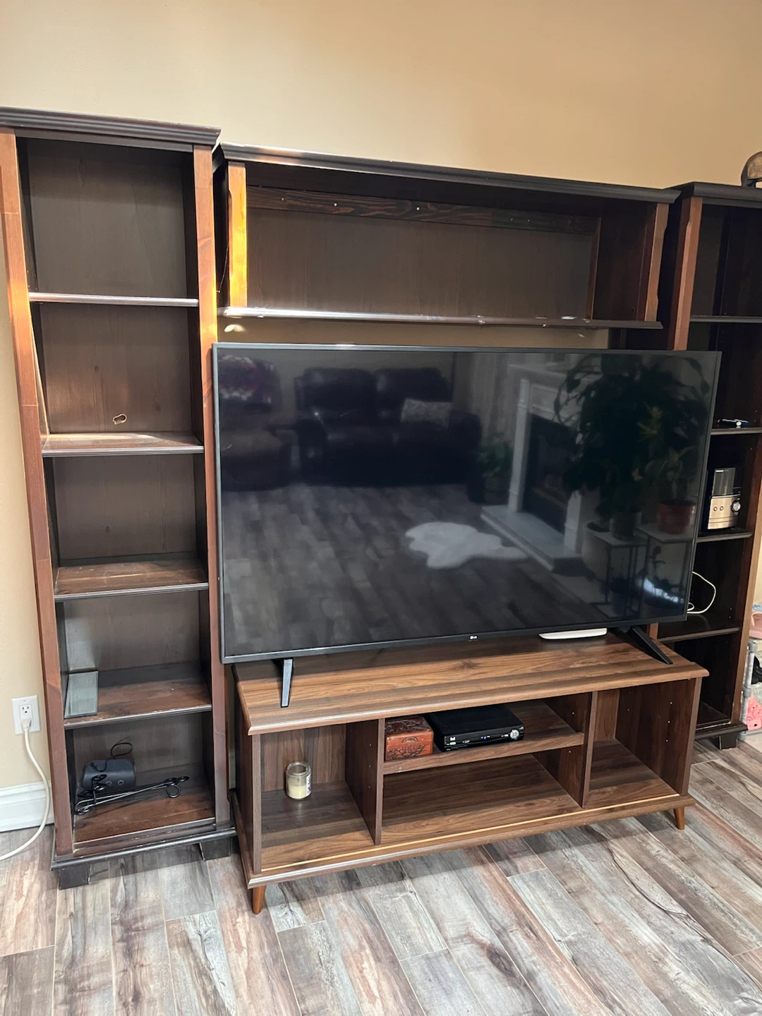 Large dark wood media wall unit with shelves - photo 2