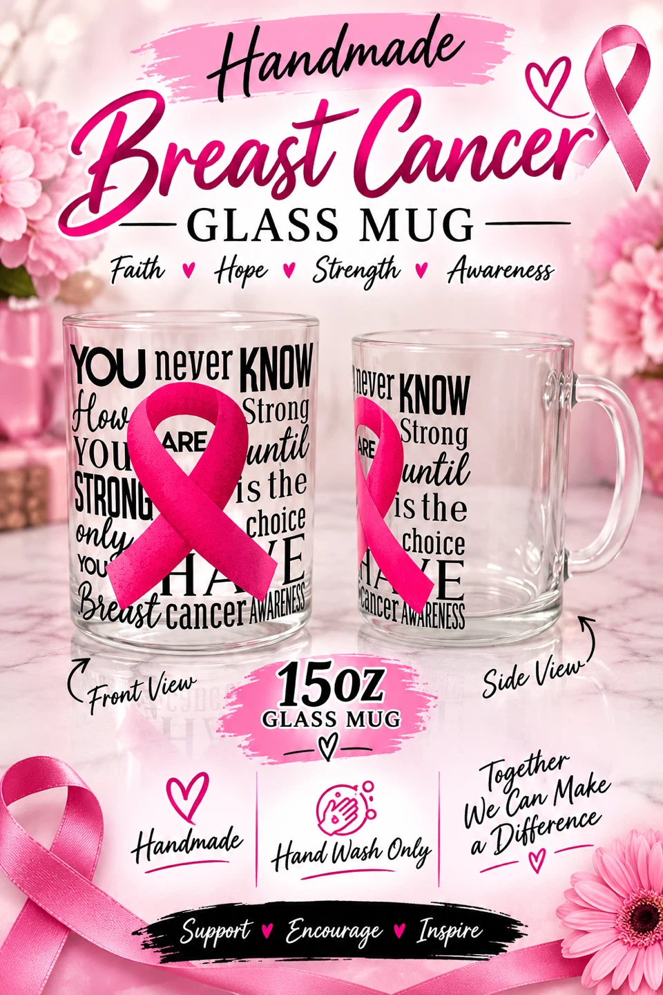 Handmade Breast 🏈 Cancer Awareness Glass Mug