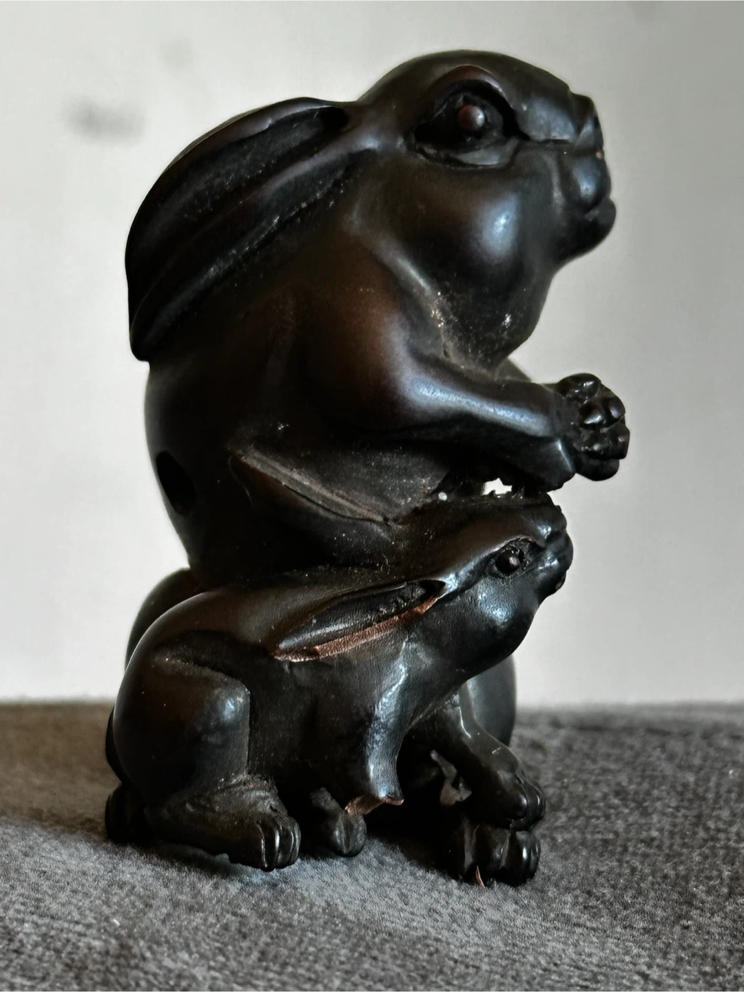 Antique Wood Netsuke - Rabbit & Kit “ as is “