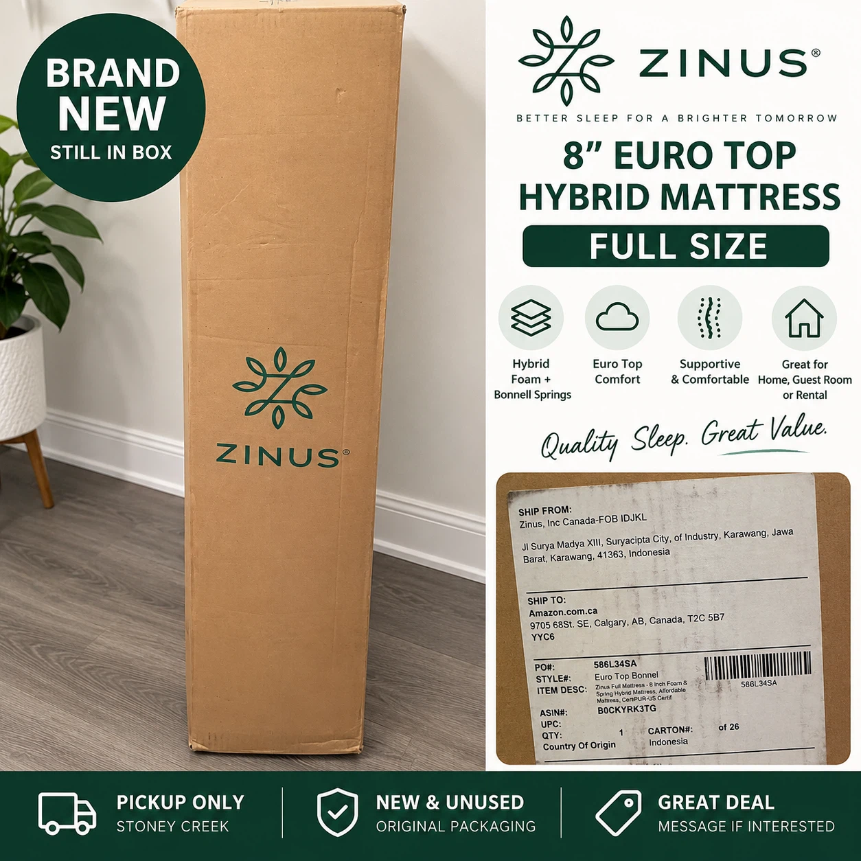 Zinus 8-inch Euro Top Hybrid Mattress, Full Size