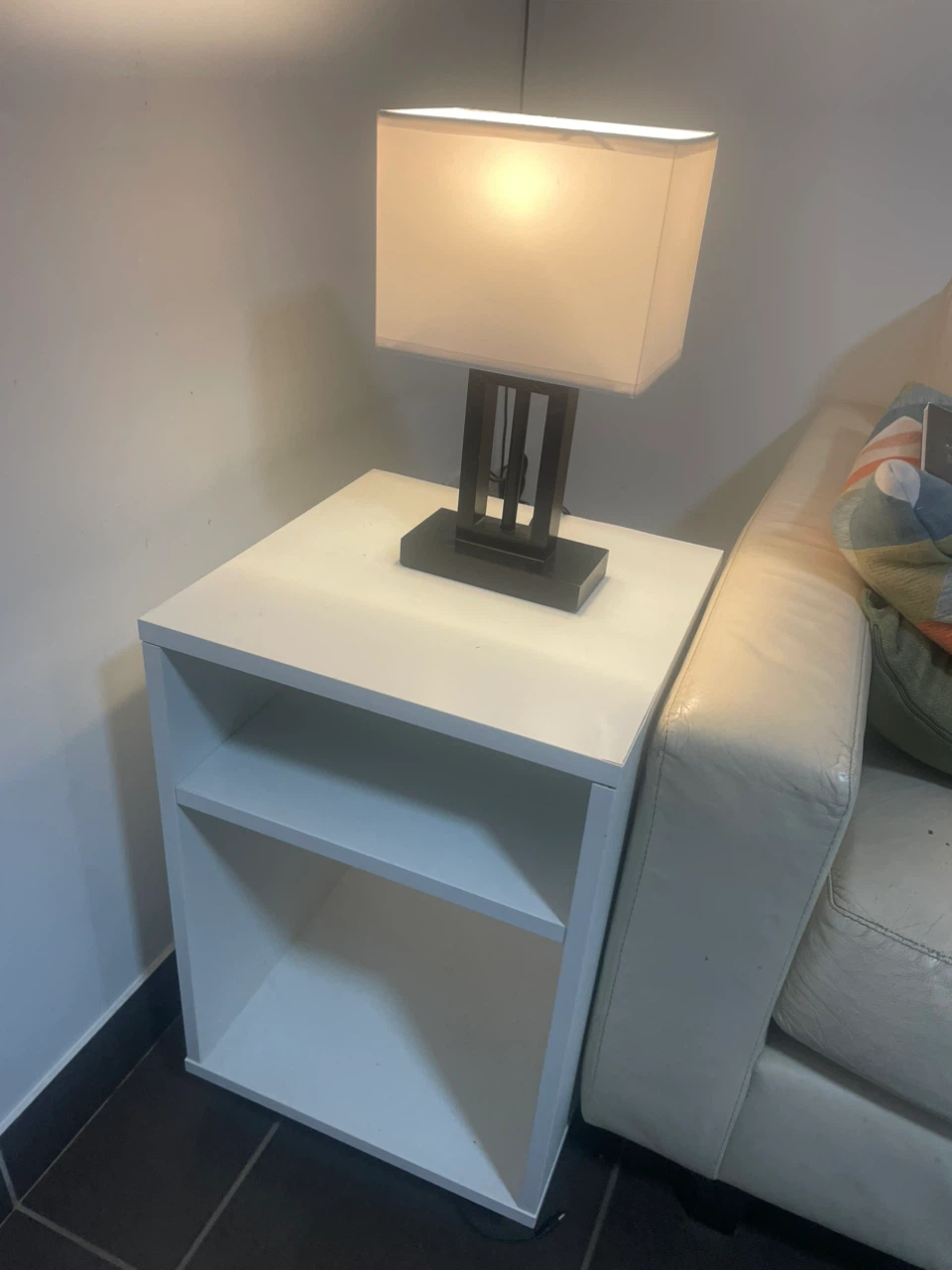 White bedside table,lamp included.
