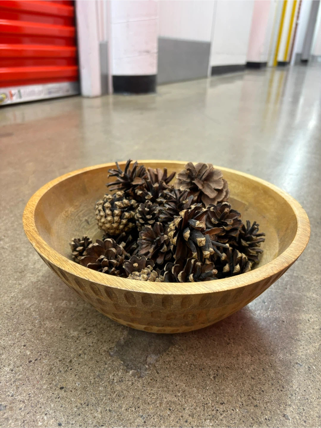 Decorative wooden bowl with pinecones
