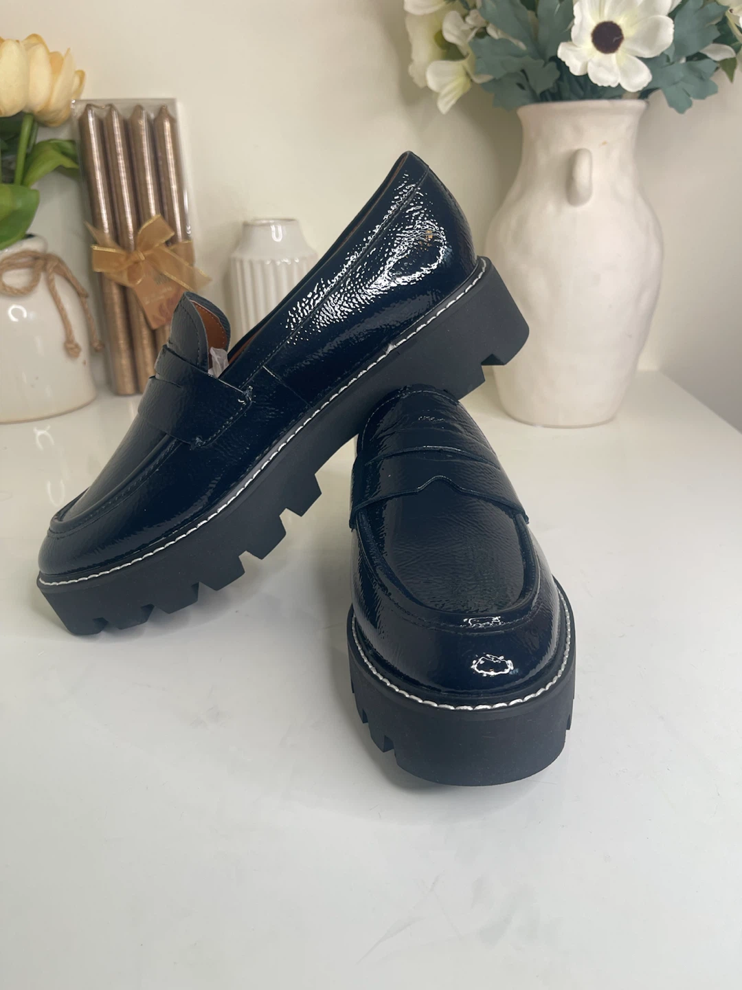 Franco Sarto Navy Patent Leather Lug Sole Loafers