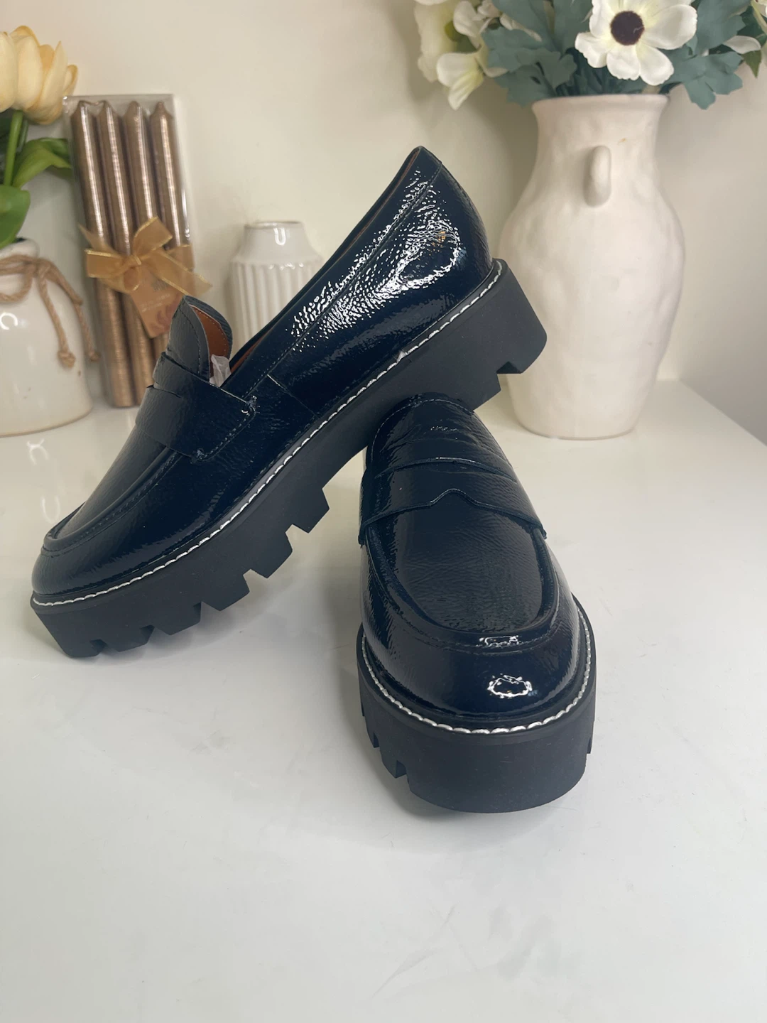 Franco Sarto Navy Patent Leather Lug Sole Loafers - photo 2