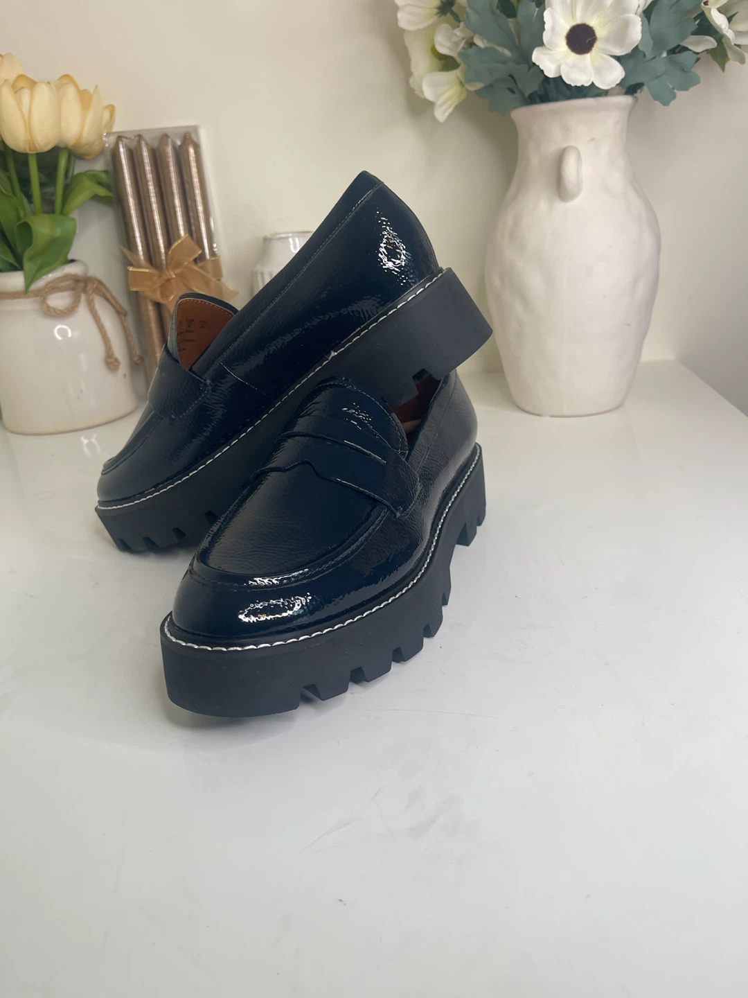 Franco Sarto Navy Patent Leather Lug Sole Loafers - photo 3