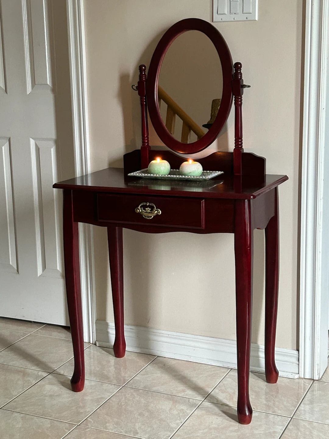 Dark Wood Vanity with Oval Mirror