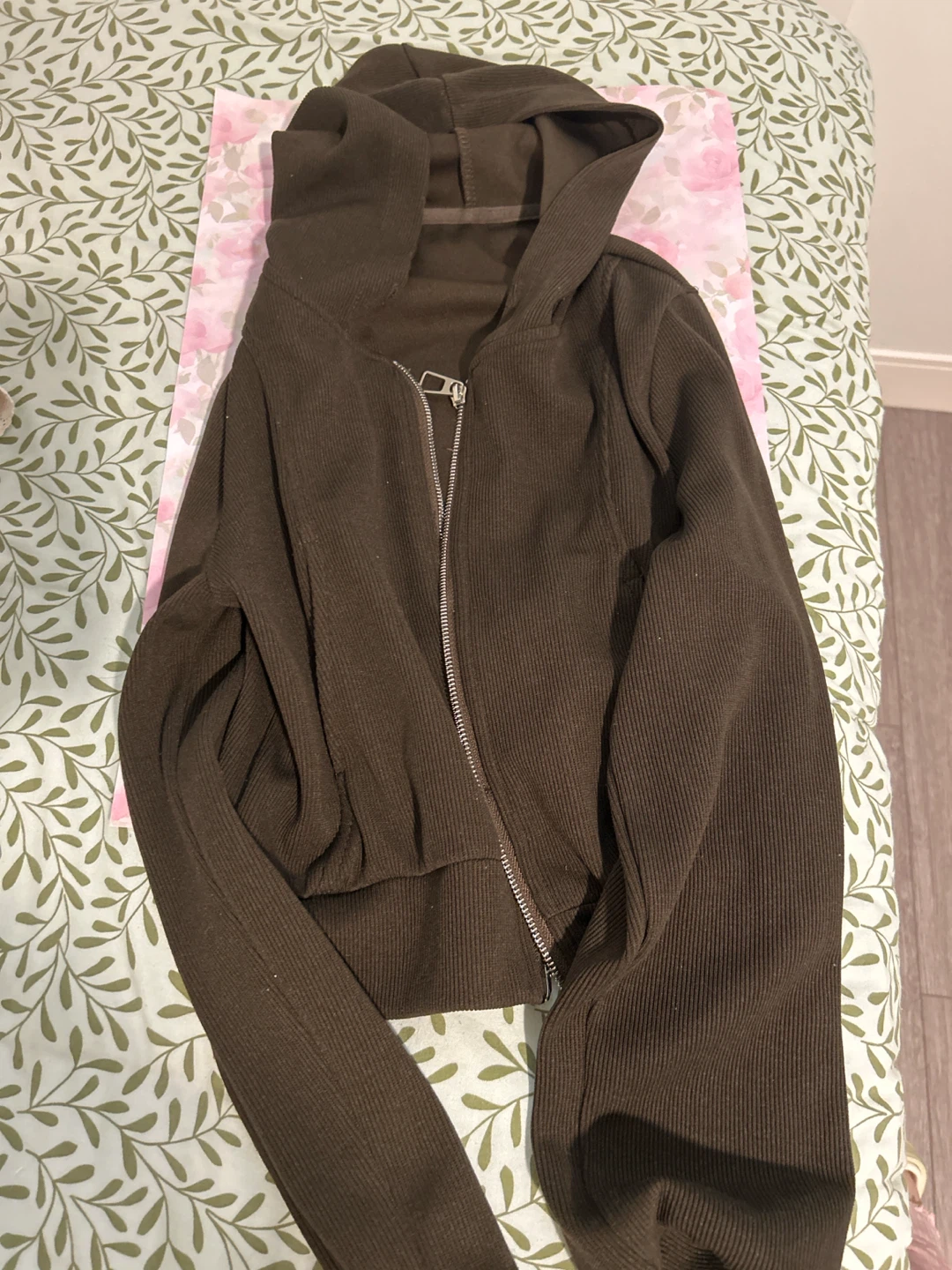 Dark brown ribbed zip-up hoodie