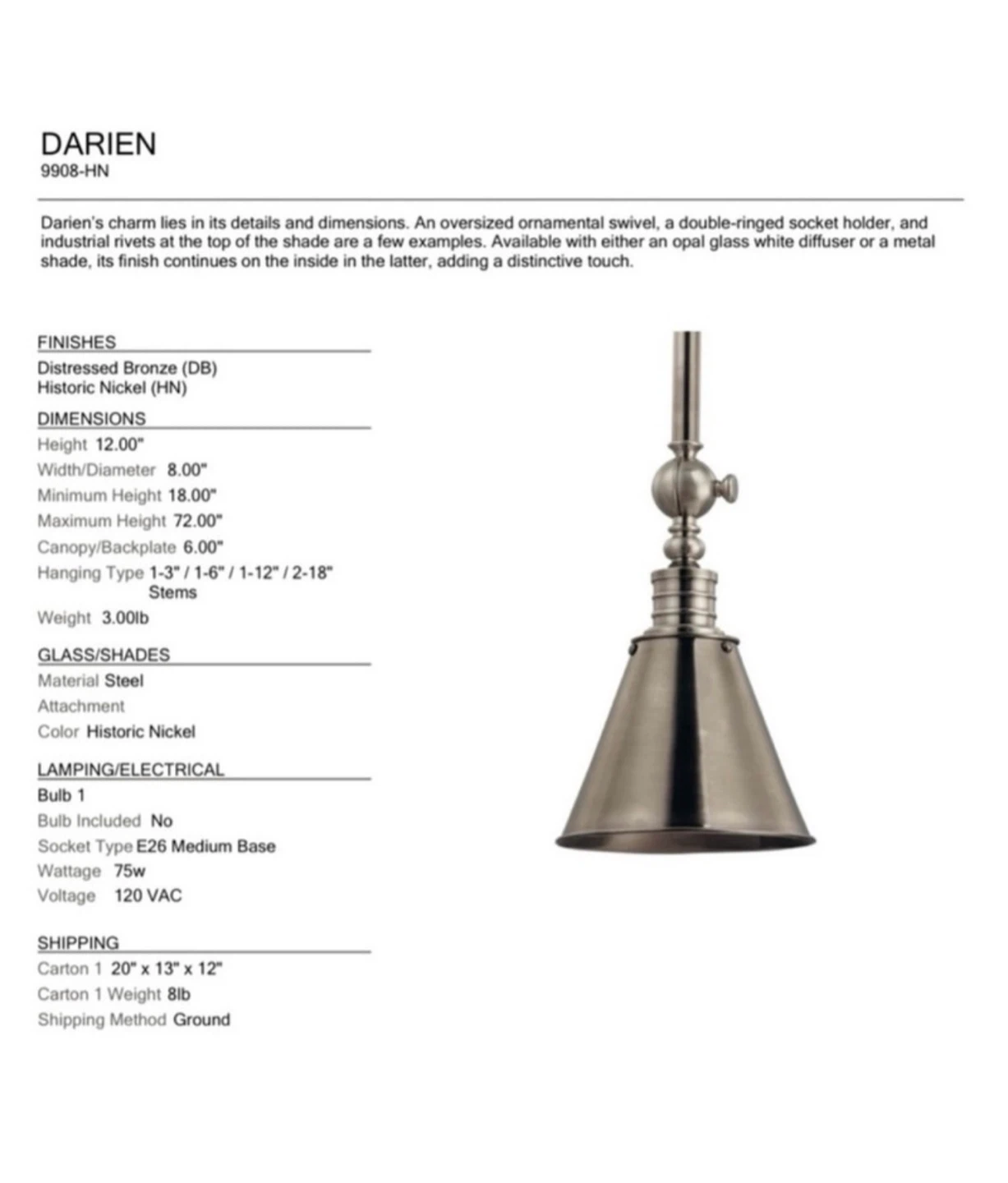 Hudson Valley Darien Metal Shade Pendant Light - photo 4