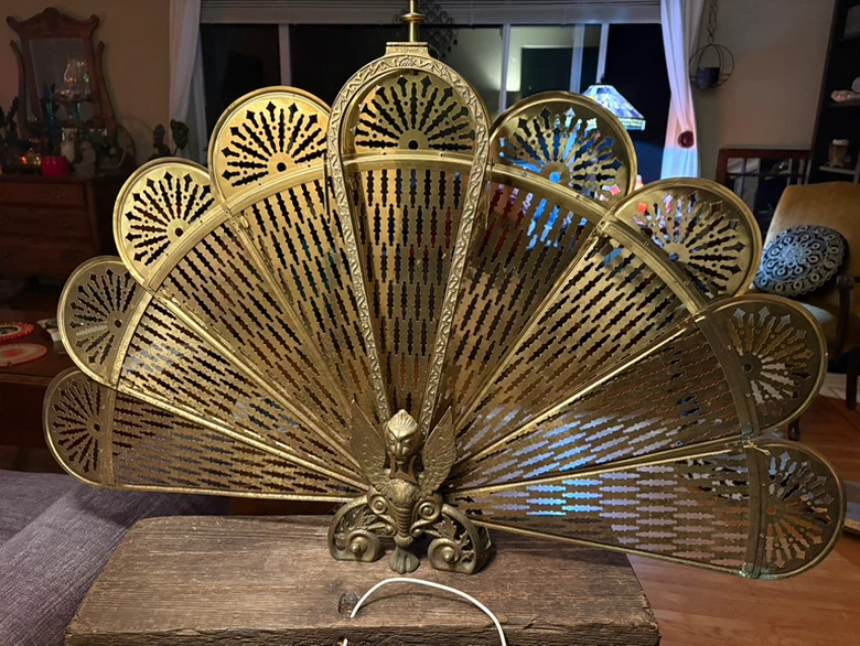 Vintage Brass Peacock Fireplace Screen