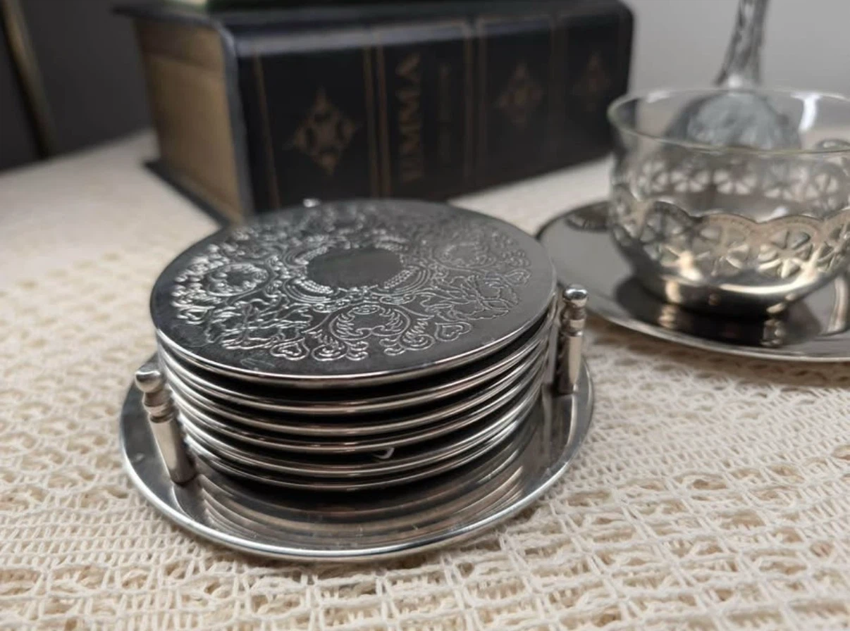 Vintage 6 Metal Coasters with Holder