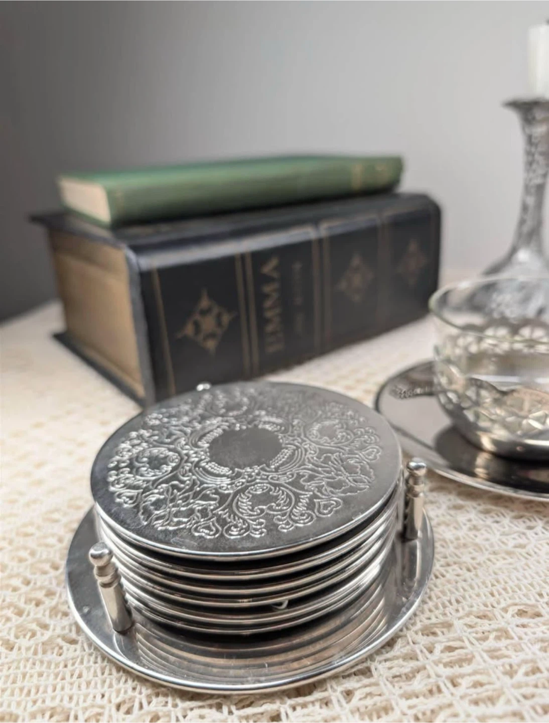 Vintage 6 Metal Coasters with Holder - photo 3