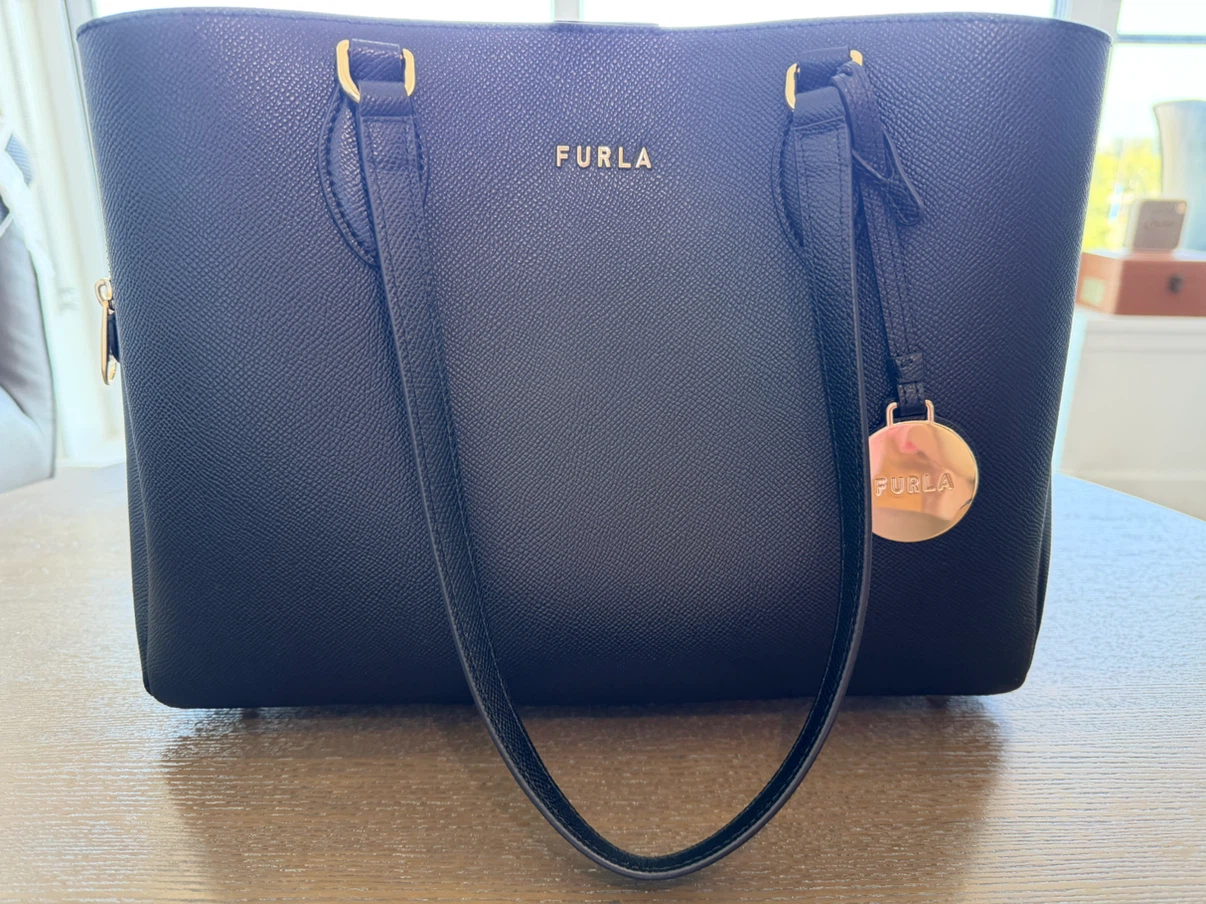 Black textured leather Furla Minerva Tote Bag