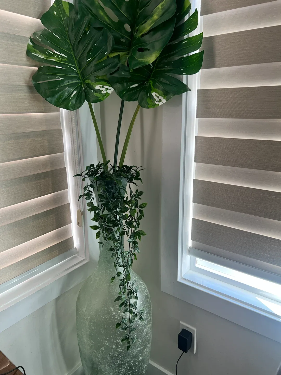 Large Decorative Glass Vase with Artificial Plants