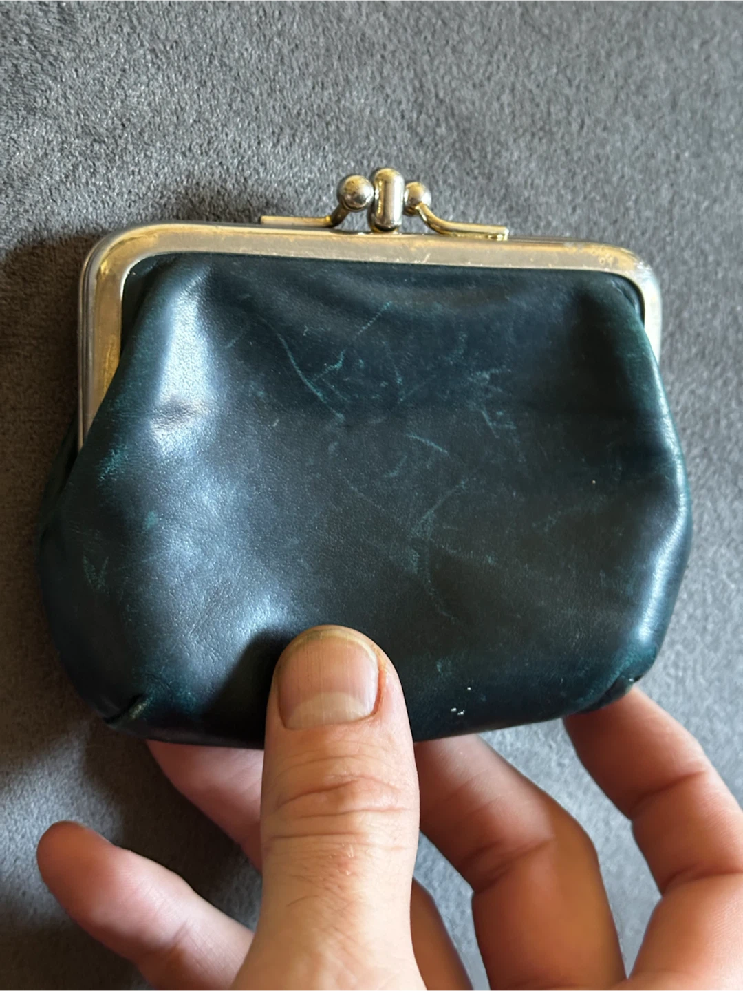 Vintage Black Leather Double Kiss Lock Coin Purse