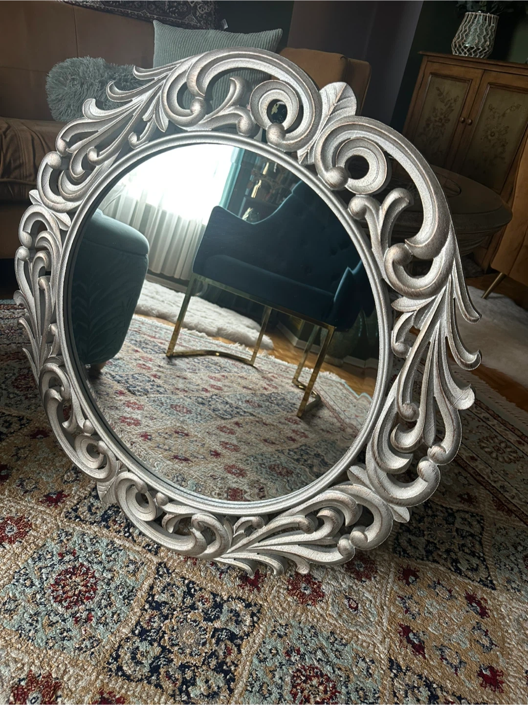 Decorative Ornate Silver Round Wall Mirror